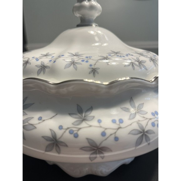 Johann Haviland Blue Flowers Gray Leaf Pattern Gravy Boat w Attached Under Plate - Picture 2 of 14